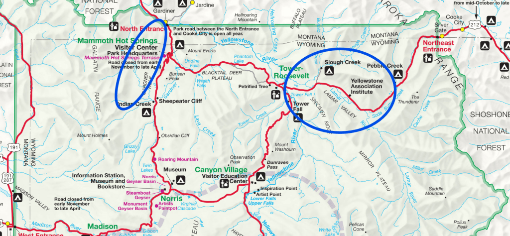 Yellowstone Park map highlighting areas where Black Bear are likely to be found.