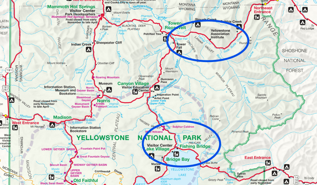 Yellowstone Park map highlighting areas where Grizzly Bear are likely to be found.
