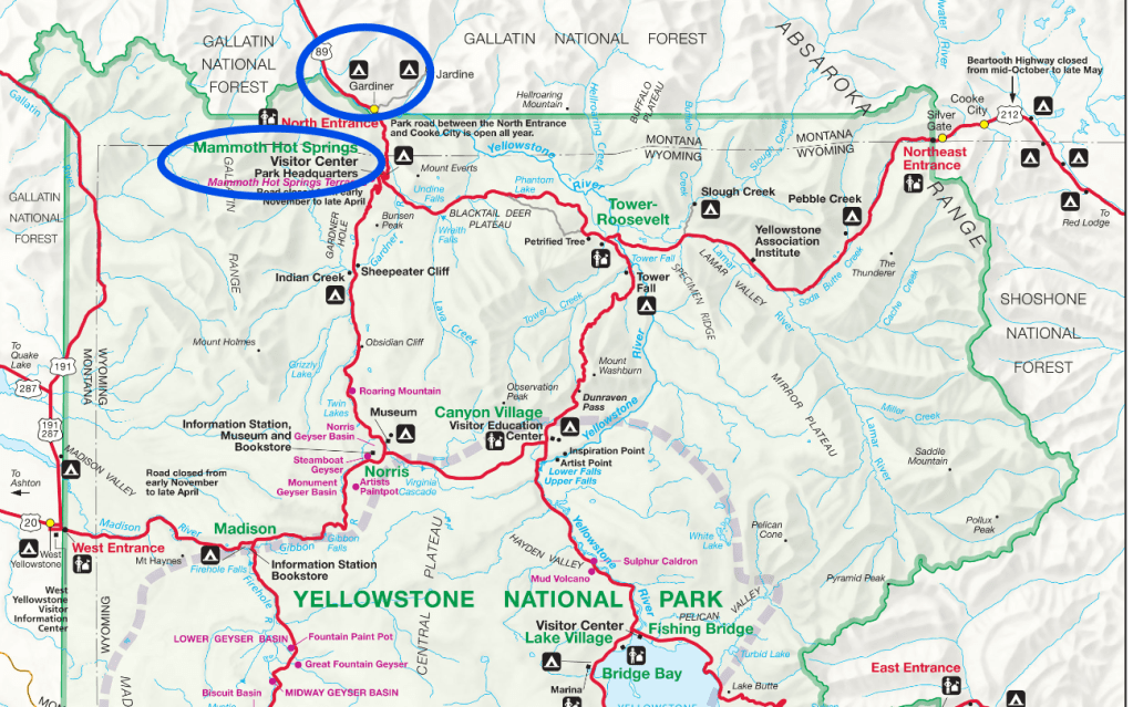 Yellowstone Park map highlighting areas where Elk are likely to be found.