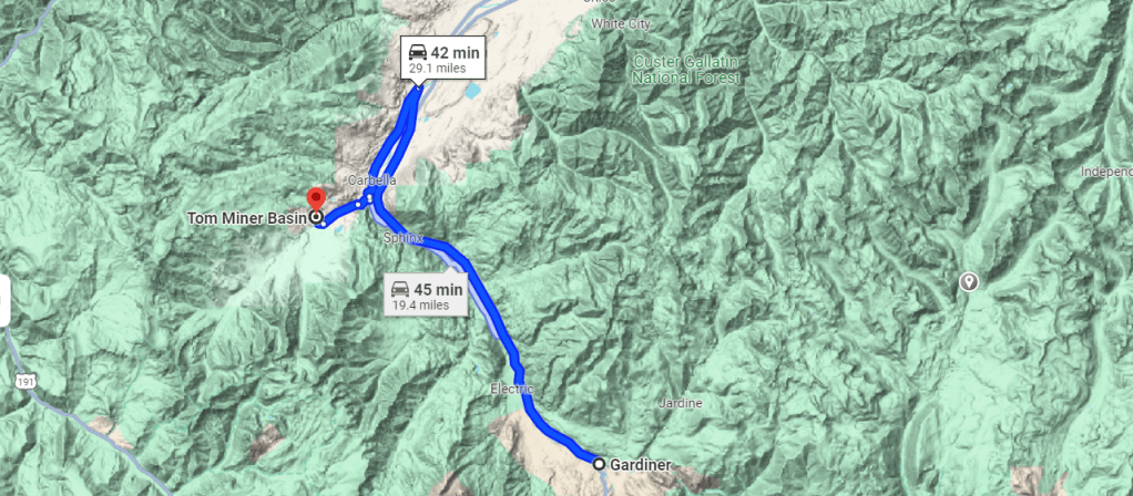 Google map showing the general direction to Tom Miner Basin from Gardiner, MT