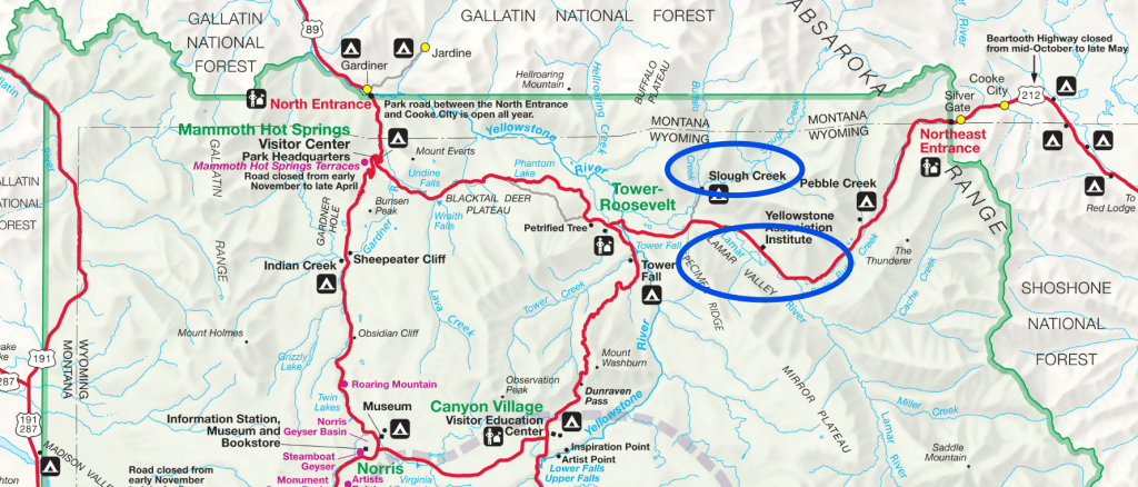 Yellowstone Park map highlighting areas where Wolves of Yellowstone are likely to be found.